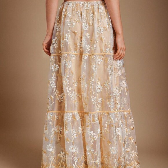 White Boho Women's Embroidered Floral Mesh Drawstring Tiered Flowy Maxi Skirt - Picture 2 of 7